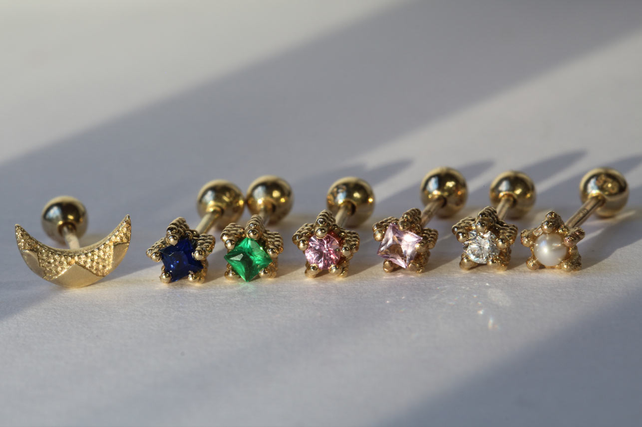 Tiny solid gold crescent moon and asymmetric star gemstone set stud earrings
