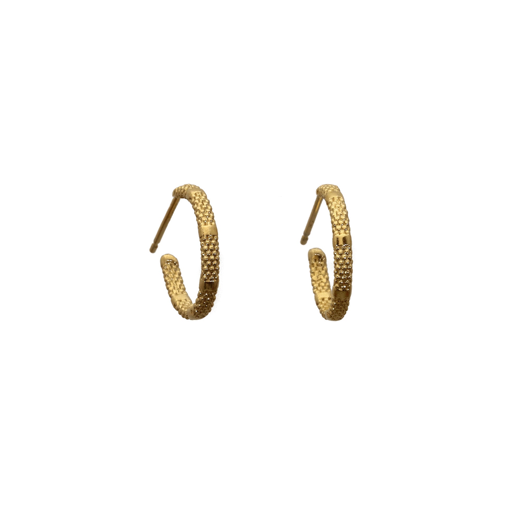 Yellow gold small hoop earrings with alternating rough and smooth texture