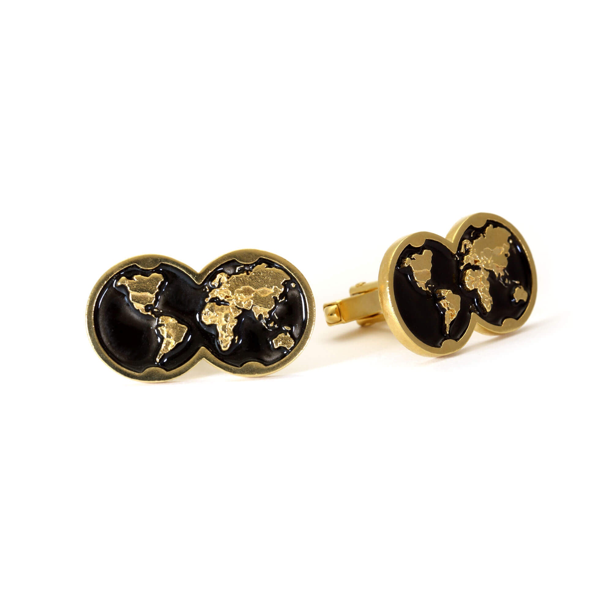 Pair of black enamel and yellow gold cufflink with double globe motif
