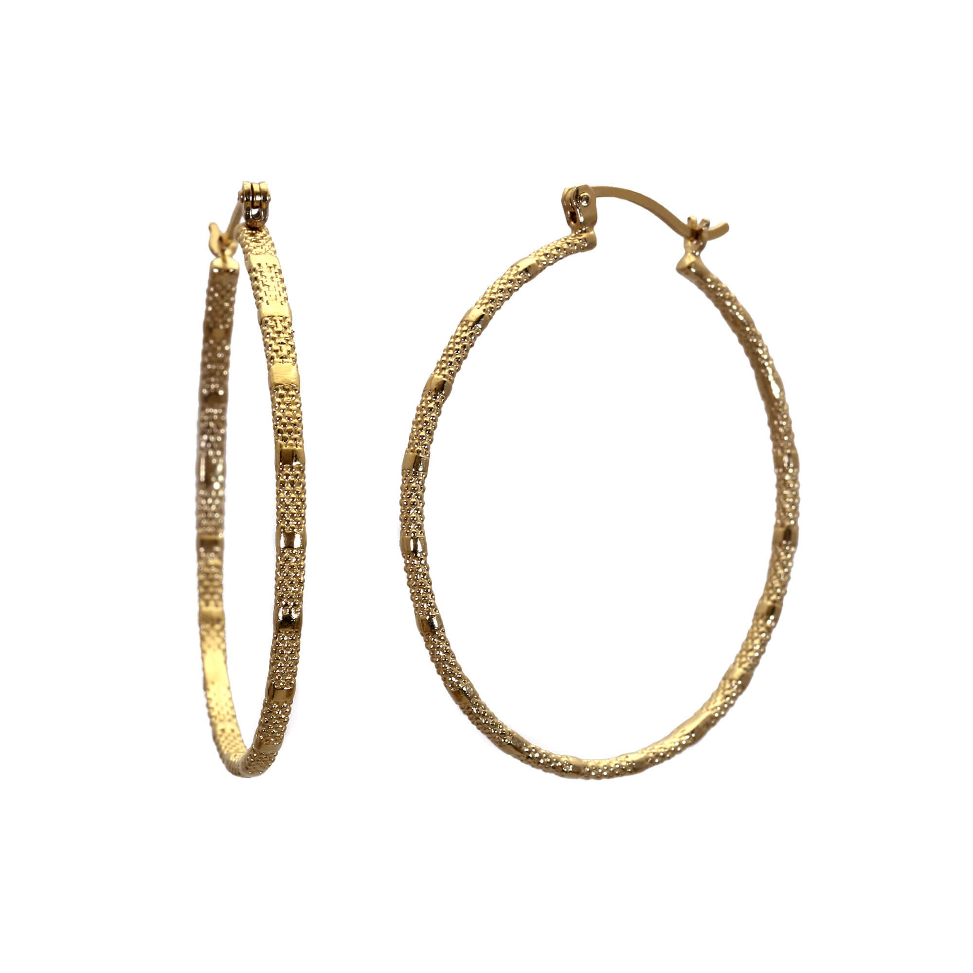 A pair of textures large oval gold hinged hoop earrings