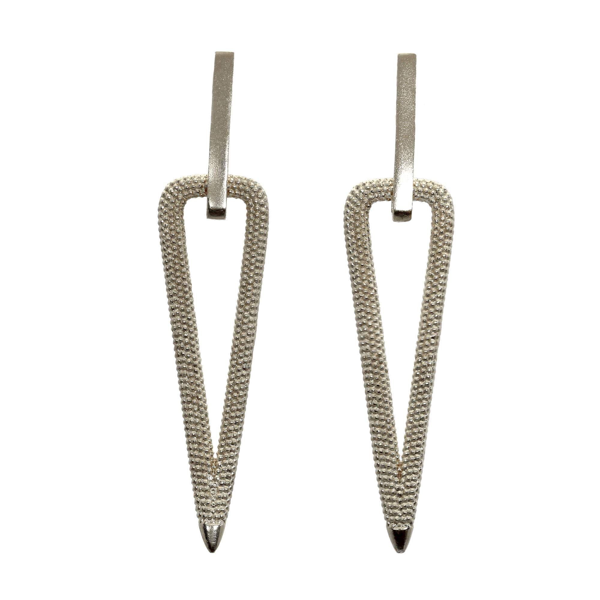 Zinnia Dangle Earrings in sterling silver with textured triangular drop design